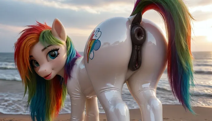 ((ultra-realistic)), ((((((bright contrasting picture)))))), ((hyper-detailed)), (((finely detailed picture))), best quality, masterpiece, soft lighting, soft shadows, ((high quality)), (((Resolution 50k))), ((((Pony)))), (((my little Pony Big))), (the seductive Pony is looking back), beach, very big plump round ass, long lush hair, long big fluffy tail, ((((black shiny anus)))), thick big thighs, Pony tail, (((Pony black pussy))), tail up, (((white shiny Latex Pony))), shiny butts, ((The Pony is smiling)), the butt is raised high up, Pony spread its hind hooves wide, multicolored hair, rainbow hair, ((big thick lips)), ((large thick labia hanging down)), (big black thick anus), ((Pony has a round ass)), (((A pony stands alone in the distance on the beach))), (((((view from afar Half-Side View))))), LaDy_01, bmbplora, <lora:DetailedEyes_V3:2>, <lora:add-detail-xl:2>, <lora:391479_training_data:1.2>, <lora:bimboxl_02:.6>