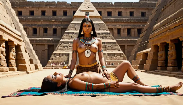 A highly detailed full body painting, in style of by Julia Bell, a woman in an Indian aztec costume, 18 years old, skinny, very large heavy breasts, very long legs, very long straight black hair, large yellow eyes with a vertical badge, lying on her back, on a sacrificial altar at the top of the pyramid, arms spread apart, a man aztec priest with an obsidian knife stands nearby, the priest is preparing to cut out her heart, indian art, cgsociety contest winner, fantasy art, with beautiful exotic, pyramid, full hd, metart, commission for, an oil on canvas painting, contest winner, figurative art, young woman with long dark, an airbrush abstract figurative art, style, of, Aztec, Maya, civilization, <lora:tbh264-sdxl:.5>, <lora:Maya Civilization:.5>