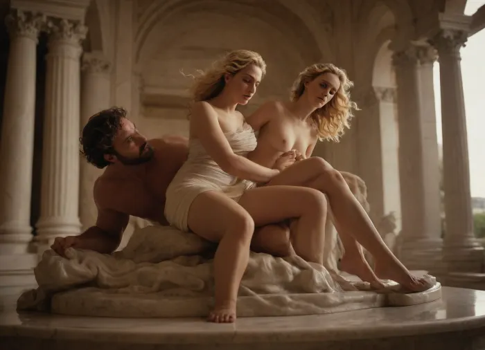 Goddess Aphrodite pushing down on a marble bed Hephaestus and riding him, Olympus, (both in image:1.5)