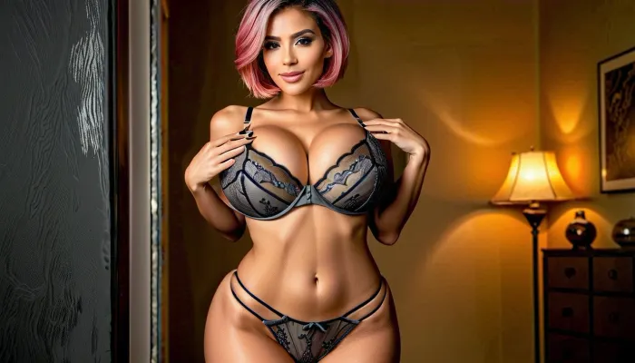 1girl, athletic latina, best quality, ultra-detailed, masterpiece, finely detail, highres, 8k wallpaper, (masterpiece, best quality), detailed face, beautiful eyes, perfect illumination, (best shadow), slim body, ((medium breast)), (tight clothes:1.2), (Latina fitness model), flat belly, pretty face, amazing hair, (dark eyeshadow), henna eyebrow and eyes, RAW image, eye contact, 8k UHD, DSLR photo, high quality, Fujifilm XT3, professional, male pov, front view, (hyper realistic), (realistic), best lighting, (best illumination), (best shadow, best shadows), 8K, UHD, highest quality, (ultra realistic), sharp image, <lora:uberRealisticPornMerge_urpmv12320LORA:.7>, bimbo, (impossibly large natural breasts:1.4), <lora:glam style makeup:.5>, slightly tan skin color, tan skin, push up breast, (((seductive smilling at viewer))), flat stomach, erect nipples, (((full body shot, woman can be seen completely from head to toe in the picture))), (((fullbody:1.2))), (((zoomed out))), (((full body view))), posing for a picture, no naked, <lora:InflationXL:.85>, (((no naked belly))), <lora:bombshell_v2:.5>, super Gigantic Thick Huge breasts, (((very slim waist))), (((slender waist))), (((slim abdomen))), (((perfect stunning pronounced hourglass figure))), wasp waist, perfect highly detailed erect nipple with areola, show panties, [Ort], ------------------------, (masterpiece:1.2), realistic, Tyndall effect, night, lantern, scenery, indoors, living room, bed room, east asian architecture, architecture, sky, night sky, stairs, <lora:JJsJapaneseGarden_XL:.5>, [Haare], {, (((pink hair, ((short hair)), bobcut hairstyle))), }, [Kleidung], (((wearing a hot amber silk bra with charcoal lace pattern))), (((wearing a very small, skimpy, thinn, silk high waist v-string))), [Schuhe], (((wearing, ultra high, high heels, high platform, stilettos)))