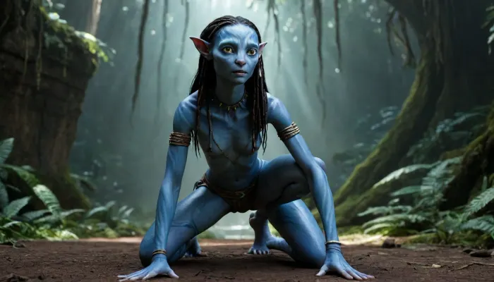 full body view, wide angle view, NSFW, The image shows a realistic rendering of Neytiri from James Cameron's "Avatar" franchise. Neytiri is the primary female character, a tall, slender Na'vi woman with blue skin, large, expressive eyes, and flowing, braided hair. crouching, She wears minimal clothing and jewelry, reflecting the indigenous and primal nature of her tribespeople, the Omaticaya. Having sex with Jake Sully, <lora:flat_chested_v3.5:.5>