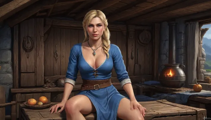 one woman, Haelga from Skyrim, 30 year old, scandinavian, blonde medium hair ponytail, medium breasts, seductive face, licking lips, inside medieval wooden house, wearing medieval blue shirtdress, sitting on medieval bed, covering breasts with arm, big honey pot covering crotvh, front view, (artwork, digital painting, concept art, by syd mead, flat colors), <lora:concept_art_syd_mead:1.5>