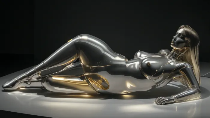 kneeling, The shape of the woman's body is transparent, as it appears like a glass jelly, and the detailed internal parts of the body android appear clear, with golden feet and legs, and a sophisticated silver head made of advanced manufacturing technology. black background with single point lighting, up lighting, atmospheric, By Hans Ruedi Giger and Ferdinand Hodler.