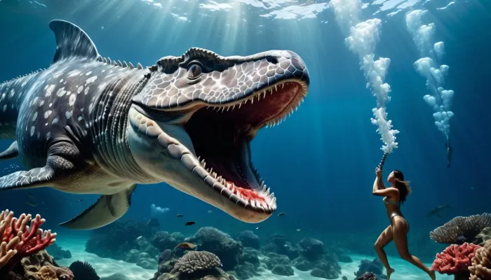Underwater, Coral Reef, Giant Mosasaurus Tear Japanese Woman, Pearl Diver, Blood In Water