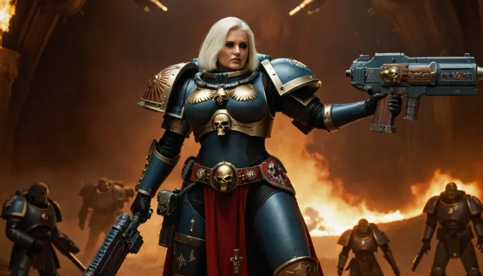 spaceship background, (well proportioned figure), (busty), heavy fullarmor, clut-boardsword, bolter, space marine in background, adepta, sororitas, warhammer, 40k, wh40k, <lora:WH40XL:.5>, <lora:668916_training_data:.5>