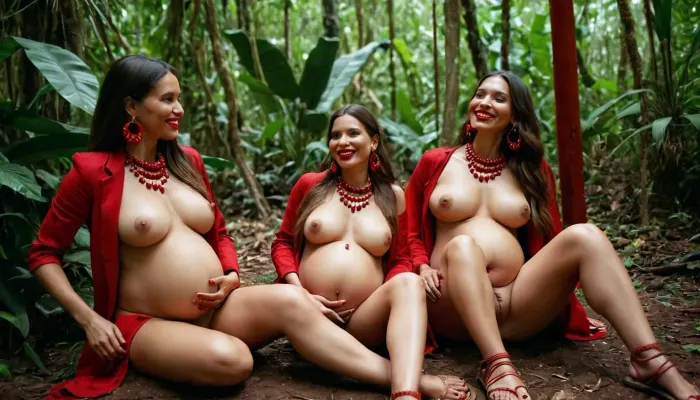 4 pregnant girls, jungle, jungle suit, long hair, different races, red lips, red paint on body, tight chocker, massage earrings with bells, nude, sandals, smile, pregnant, sit