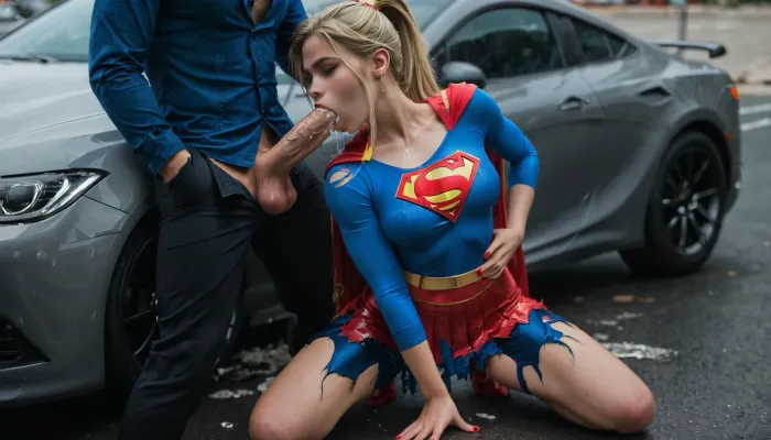 ((stunning blonde woman with ponytail, ((woman wearing a tight dark blue shirt with supergirl symbol)), woman wearing ripped torn red cleavage skirt, sexy posing at street sexy kneelingnear a destroyed car)), bad guy grabbing her hips with his hands, cum flowing from guy cock, woman sucking guy cocks, cum running down her legs while other guy fucks her, post fight scenario