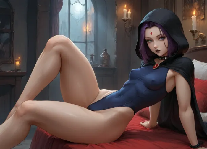 (masterpiece, best quality, ultra-detailed), RavenTT, red forehead jewel, (cutesexyrobutts art style:1.21), (rieq art style:1.3), (sleeveless:1.2), grey skin, laying proneonn her stomach, seductive look, partially closed eyes, arms crossed, (legs spread:1.3), (dynamic pose:1.2), tight navy blue leotard, spiked choker, high waist, photo of raven from titans, (ambient light), warm light, warm color scheme, dynamic lighting, gothic aesthetic, dark room, candlelight, purple hair, purple irises, big lips, black lipstick, (big lips:1.1), (covered nipples:1.2), erect nipples, (flat woman chest:.85), (slanted eyes), (wide hips:1.4), (thick thighs:1.35), (huge ass:1.1), (arched back:1.2), (ass in the air:1.1), partially visible labia majora, (visible labia majora), erect cameltoe, style, wears a thin bodysuit, (thigh gap:1.1), black eye shadow, black eye liner, (thin waist:1.3), (huge eyes:1.2), hooded cloak, hood down