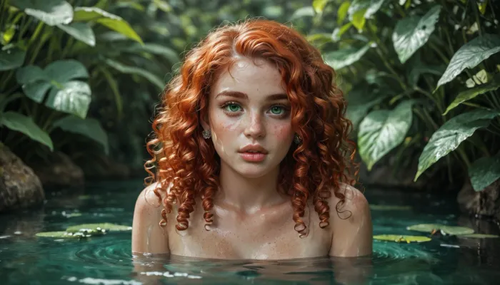 18 year old Irish redhead girl, nude tied up sinking under water, very freckled, wide shot, alone, facing forward, very red symmetrical lips, round green eyes, greek nose, very detailed long curly hair, D size round tits, natural skin tone, perfect fingers and hands, detailed background, <lora:580159_training_data:.5>