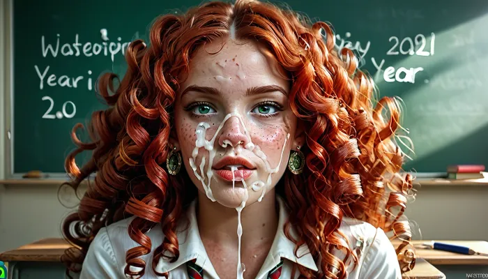 18 year old irish redhead girl, students working at her desk in a classroom, (shirt open), cum sprayed on face, very freckled, alone, jewelry, earrings, front view, facing forward, very red symmetrical lips, round green eyes, greek nose, very detailed long curly hair, D size round tits, natural skin tone, perfect fingers and hands, upper body view, detailed bottom, <lora:580159_training_data:1>