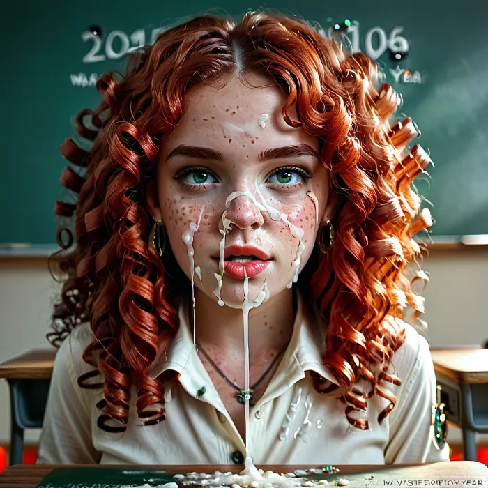 18 year old irish redhead girl, students working at her desk in a classroom, (shirt open), cum sprayed on face, very freckled, alone, jewelry, earrings, front view, facing forward, very red symmetrical lips, round green eyes, greek nose, very detailed long curly hair, D size round tits, natural skin tone, perfect fingers and hands, upper body view, detailed bottom, <lora:580159_training_data:1>