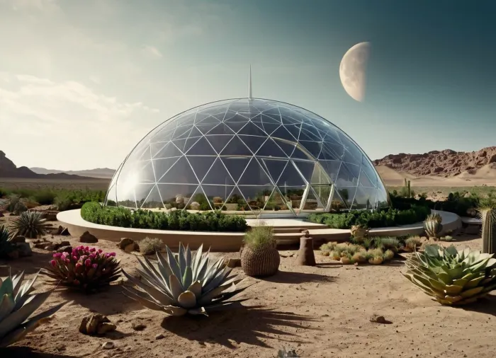 In 2065, on the moon, a splendid garden is sheltered under a ultramodern gigantic glass parabolic dome, it is the only natural place left in the moon, (several tens of kilometers in diameter:1.4), (a sprawling garden inside and a the moon's desert outside), (seen from afar:1.5), <lora:SDXLHighDetail_v5:.5>, <lora:add-detail-xl:.5>