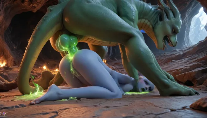 mating press in cave, male dragon fucks Liara T'Soni in her tight ass with very thick dragon knot, cave floor, female is Liara T'Soni, blue skin, very thick and long glowing green dragon knot, giant testicles, cave, dark cave, female face down on cave floor, dragon on top of female, very thick glowing green dragon knot penetrates ass, glowing green dragon knot, glowing green cum, glowing green cum drips from ass, female drools glowing green cum from lips, excessive glowing green cum, ass penetration, view from behind, (dragon on female), hearts, floating hearts, (ahe gao, moaning, orgasm:1), beautiful face, side view, zavy-liara, no-armor-suit, 1 female, 1 dragon, <lora:Green_Slime-000004:.5>, <lora:zavy-liara-sdxl:.5>