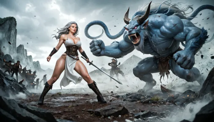 fullcolor image, 8K quality, Elven warrior with long silver hair, voluptuous chest, narrow waist and wide hips, 21 years old, fights magic with a huge monster \ mutant, battle, war, horor, mysticism, details, emotions, picture, art, wallpaper, Enigma_Kitsune, <lora:EarthEnigmaKitsune_XL-v1:.8>, full body in frame