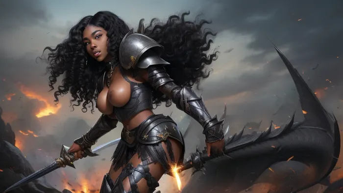 21 year old black women, 5'6", waist length curly black hair, thick eyebrows, long eyelashes, cute face, sexy lips, big breast, tiny waist, wide hips, big ass, muscular, abs, dark skin, sexy armor, on the battlefield in battle with a black dragon mouth open, wielding a sword, full view, side view