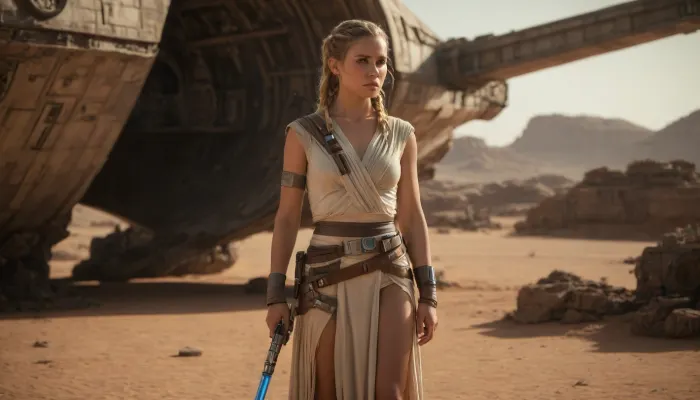 Star Wars Style, heroic full body portrait of a female dignified solo Jedi Warrior, standing in huge spaceport on desert planet, highly detailed Jedi costume, slender, slim waist, long blonde matted dreadlocks, flat breasted, sweating skin, dirt, perfect tanned skin, lucky charm necklace, lightsaber, belt, highly detailed face, desert, floating warm sunlight, Background, (millennium falcon), R2-D2, shipyard, many droids