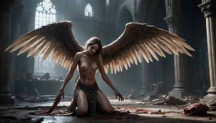 Horror-themed video game concept art of an angel infected with an eldritch parasite. the angel is in pain and agony. horrific scene of hyper violence and gore. twisted wings. heavy shackles holding down the angel. a dystopian world. a ruined abandoned cathedral background. . Eerie, unsettling, dark, spooky, suspenseful, grim, highly detailed