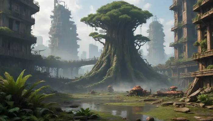 ** Bird's eye view of a post-apocalyptic metropolis, ** Vast jungles of concrete and steel are swallowed up by nature, skyscrapers with * * collapsed facades* * and **rusted beams* * have turned into vertical gardens where * * giant ferns* * and * * creepers * * entangle * * cracks in the walls**, and * * waterfalls of moss * * flow down through the **mangled elevators**. The roofs are hidden under a dense jungle canopy of oaks, palm trees, and glowing mushrooms, whose roots tear the freeways into crumbling slabs dotted with rusty car hulks and leaning streetlights. ** Collapsing bridges * * hang over * * overgrown canals**, where * * brown bears* * drink from * * swamps with water lilies**, and * * herds of antelopes * * roam among * * destroyed billboards* * with * * peeling paint**. In the sky, **swift peregrine falcons * * hunt * * flocks of crows * * circling over * * the remains of stadiums** where * * wild vineyards** have swallowed * * the stands**. ** The setting sun * * breaks through * * toxic yellow smog**, painting** the hazy haze **in * * neon green* * and * * blood orange * * shades, and * * bioluminescent algae * * shimmer in * * underground rivers* * of former subways. **8K detail * * highlights * * cracks in the asphalt**, **peeling paint* * on * * abandoned tanks**, **bird feathers scattered* * on * * alleys**, **dew drops** on **cobwebs* * between * * antennas** skyscrapers, * * rusty rivets* * on * * bridges* * and * * cactus needles * * piercing * * paving slabs**. ** HDR lighting * * enhances the contrast between * * warm highlights* * on * * cheetah skin* * and * * cold shadows* * in * * dungeon pits**, and * * raytracing * * creates * * a three-dimensional fog** that envelops * * helicopter remains* * on * * * runways**. **Focus* * on * * a giant baobab tree * * sprouting through * * the planetarium dome**, its * * snake roots* * entwining * * abandoned telescopes**, and * * the background * * dissolves into * * fog with ash particles**, where * * the silhouettes of cranes** and * * cranes * * resemble * * the skeletons of prehistoric lizards**. ** Lossless PNG format * * saves * * ultra-details**, from * * python scales* * on * * monument debris* * to * * ice crystals* * on * * icy arches* * in** permafrost * * underground storage facilities. Nature didn't just **win** — it **rewrote the DNA of the megalopolis**, turning it into a **symbiosis of apocalypse and rebirth**.