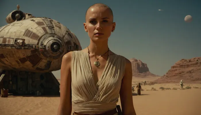 Star Wars Style, heroic portrait of a dignified Jedi Warrior in front of Millennium Falcon, solo, slender, slim waist, bald head, flat breasted, sweating, dirty face, perfect tanned skin, satisfied looking, lucky charm necklace, highly detailed costume, perfect face, desert, bright sunshine on sweaty skin, deep blue sky, clouds, spaceport, millennium falcon as ally in background, dust, smoke, stirred up sand, three moons at sky, 8k, high resolution, cinematic