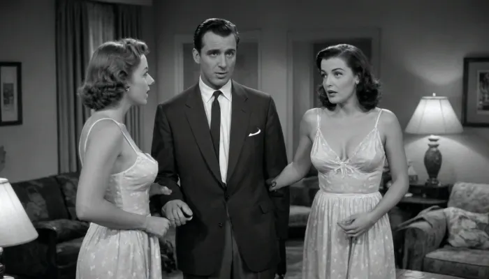 Black & white photography, 1950's sitcom, sexy irish woman, (wearing a skimpy nightgown), speaking with a male neighbor, (wearing a suit), (deep cleavage, thick thighs, surprised, embarrassed, 1950's living room film set background)