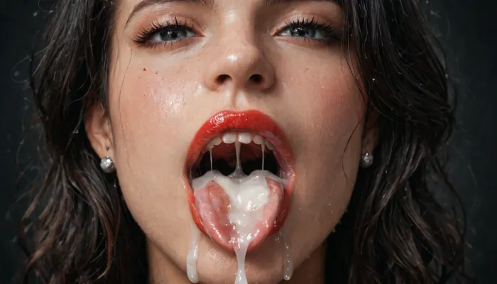 (Macro photo), (extreme close up:1.2), front view, Photorealistic, high resolution, professional photography, (open mouth), (extended tongue), (detailed tongue), (wet mouth), close-up of lips, zoom in on lips, red lipstick, excessive cum dripping from tongue, short smooth black hair, topless, cum dripping from chin, tongue sticking out, black background.