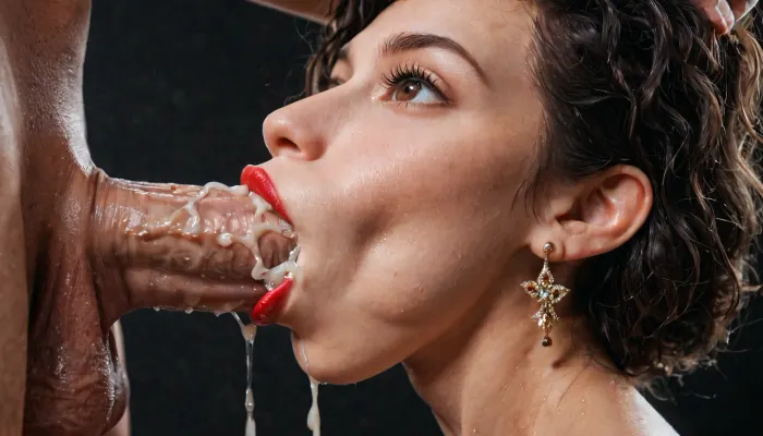 Close-up, (Side view), (Macro photo), (close up), (russian), (detailed brown eye), (detailed iris), (detailed mouth), short smooth black hair, tiny earrings, red lipstick, full lips, throat blowjob, huge cock, (stretches the throat:1.1), throat bulge, cumshot in mouth, semen, sucking a huge 20 inch penis, hand on her head, black background.