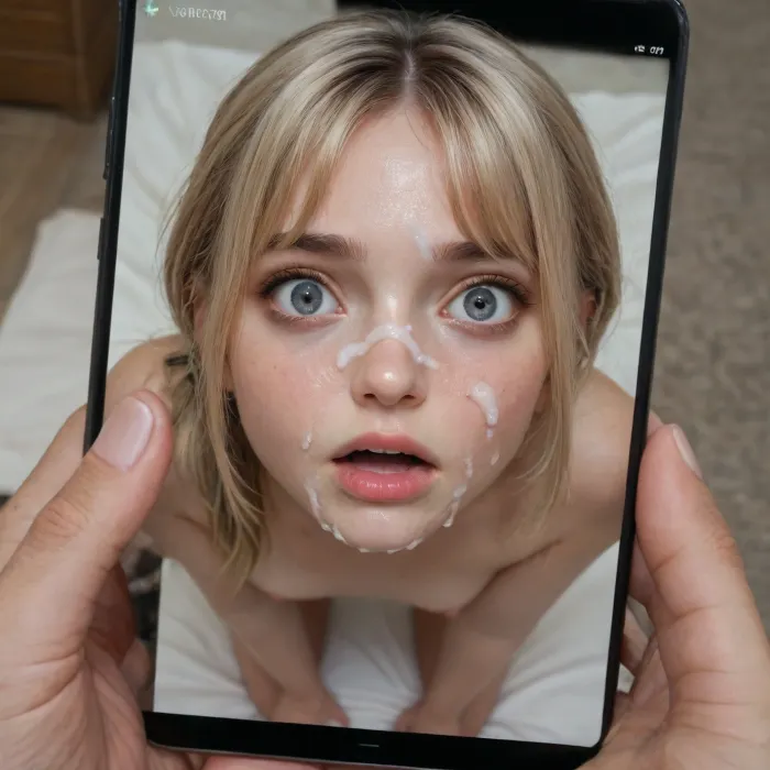 18 year old, ((blonde hair in low ponytail with bangs:1.5)), on all fours, looking up at viewer, high angle, ((scared expression:1.5)), very skinny with small breasts, anorexic, big grey eyes, almond shaped eyes, ((cum facial:1.5)), ((mobile phone picture:1.5)), extremely detailed, greatly detailed, very realistic