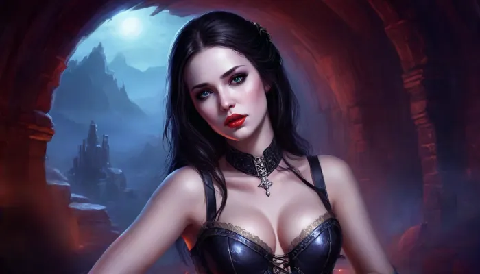 (one woman, Alva, 25 year old, pale skin, small breasts, vampire, black hair, seductive lips, sensual eyes), (inside medieval vampire cave/lair), (wearing medieval tavern wench corset), (one hand on hips, other hand laying finger on lips), closeup view, blue atmosphere, perfect eyes, five fingers, artwork, digital painting, concept art, flat colors, loading screen art style, <lora:LegendDarkFantasy-000001:.7>