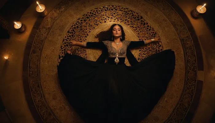 "Top-down view of an elegant Arabic dancer spinning gracefully in a dark, opulent harem chamber. Her flowing silk and velvet garments swirl around her, creating mesmerizing circular patterns. Gold and silver jewelry glimmers in the dim, warm candlelight. The chamber is decorated with intricate Arabic tiles, calligraphy, and hanging drapes. The atmosphere is mystical, inspired by the cinematic style of Dune, with deep shadows and a rich, exotic mood."