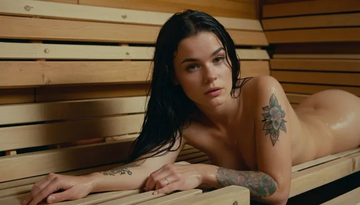a 18 years cute old girl in a sauna, laying on her side, ((sweating a lot)), tattoos, wet hair, black long hair, tiny feet, tiny breasts, breast exposed, hard nipples, black cap, (moody photography:1), very high quality, photo realistic, Canon photo, very detailed