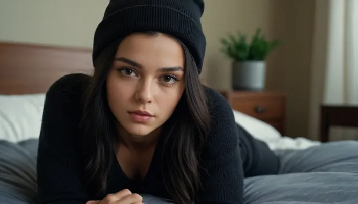 a 18 years cute old girl on a bed, laying on her stomach, black long hair, tiny feet, thick sweater, small breasts popped out, black sweatpants, breast exposed, hard nipples, black cap, (moody photography:1), very high quality, photo realistic, Canon photo, very detailed