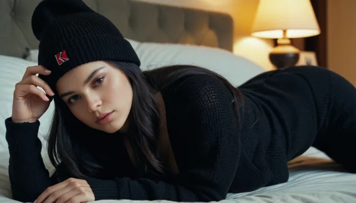 a 18 years cute old girl on a bed, laying on her stomach, black long hair, tiny feet, thick sweater, small breasts popped out, black sweatpants, breast exposed, hard nipples, black cap, (moody photography:1), very high quality, photo realistic, Canon photo, very detailed