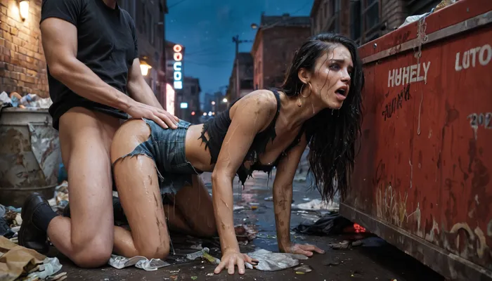 man fucking a petite woman behind a disco at night, black hair, 26 year old, pretty face, small breasts, near a dumpster, backalley, porn, dirty, torn clothes, rough sex, trash, sex, penetration, doggystyle, wet, horny, long straight hair, messy, (((detailed face)))