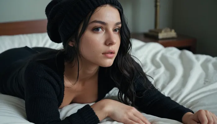 a 18 years cute old girl on a bed, laying on her stomach, wet hair, black long hair, tiny feet, thick sweater torn, small breasts, black sweatpants, breast exposed, hard nipples, black cap, (moody photography:1), very high quality, photo realistic, Canon photo, very detailed