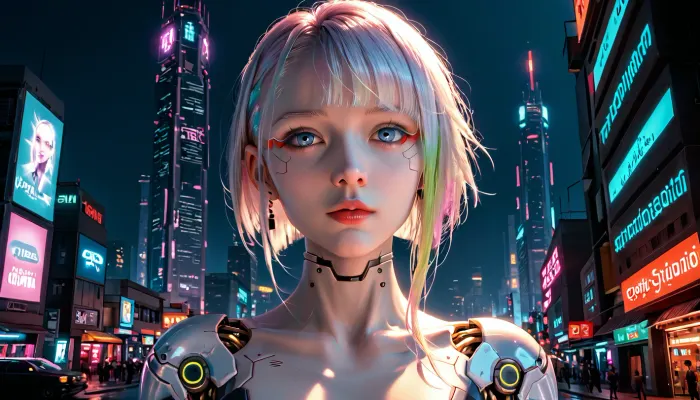 A photorealistic depiction of a sprawling Cyberpunk cityscape at night, filled with towering skyscrapers, neon lights, and holographic billboards. The architecture should be futuristic, with a mix of high-tech and grunge elements. In the foreground, include a Geisha robot that embodies the Cyberpunk aesthetic. She should have visible robotic features like mechanical joints and LED facial markings, yet maintain the elegance and grace associated with traditional Geishas. She should be dressed in a futuristic version of a Geisha's kimono, adorned with digital patterns or neon accents. The lighting should highlight the neon and metallic elements of the scene, casting dramatic shadows and reflections. The perspective should be such that both the Geisha robot and the cityscape are prominently featured, <lora:cbcity2:.45>, lucy, (cyberpunk\), <lora:lucy_offset:.5>