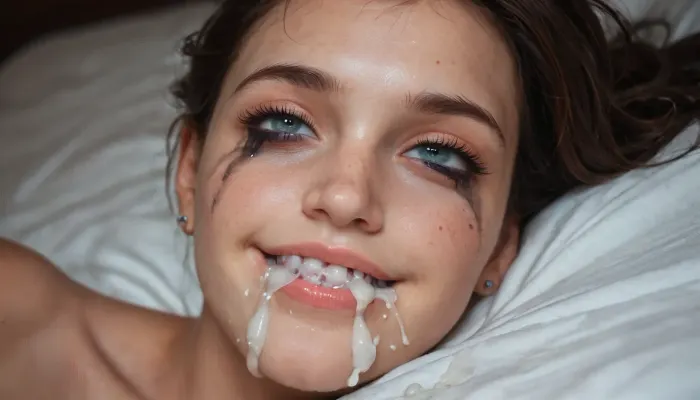 close-up on head of cute slutty woman, laying on bed after having been used intensely, facing viewer, tired but happy, slight smile, ruined makeup, ((mouth full of cum, cum running out of mouth:1.3)), warm light, beautiful morning