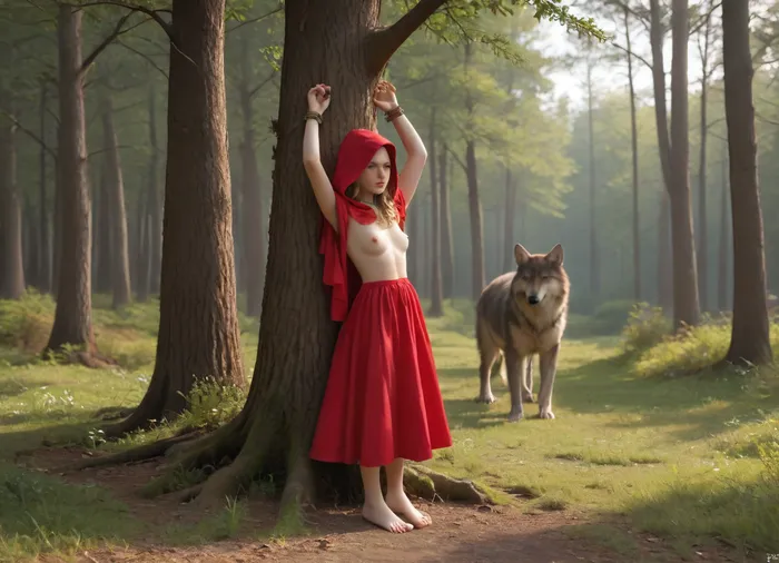 "Red riding hood and Wolf", Full Body view from distance, Naked Red riding hood, tied to a tree, hands tied above head, Bondage, large Wolf Stands beside her, watching her, Wolf has large erected Penis, perfect faces, ultra detailed, high quality, 4k, cinematic lighting, UHD