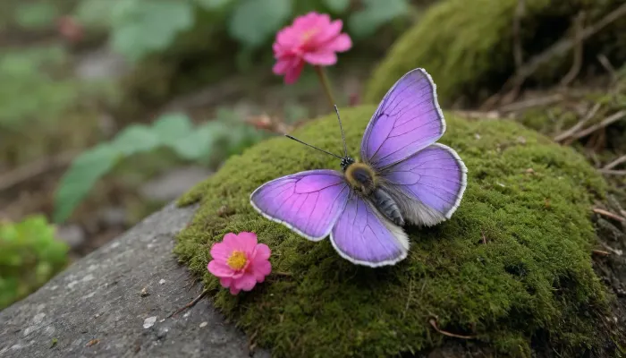 **Description for the generator, ** An old cemetery stone covered with moss, at the base of which grows wild rose hips with bright pink petals. The flower bloomed between the cracks in the stone, its stamens covered with golden pollen and its petals glistening with morning dew. Nearby, wild daisies with white heads and yellow cores make their way, their stems are entangled with curly violet stalks. A cabbage patch butterfly sits on a rosehip tree, spreading its wings with black spots, and a bumblebee circles in the air, heading for a neighboring flower. Tiny specks with heart-shaped leaves are visible between the stones, and on the edge of the slab is a spider web dotted with moisture crystals. Fog drifts over the ground, blurring the outlines of tombstones, but leaving bright highlights on the petals and wings of insects. The roots of plants, like golden threads, penetrate the cracks of stones, and in the shadow of moss you can guess the outlines of a snail crawling on a wet surface.