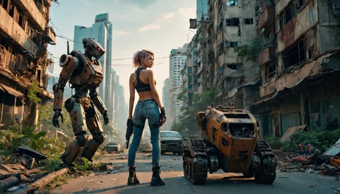 खंडहर के बीच लचीलापन: एक पंक लड़की और उसके hk रोबोट साथी एक पोस्ट-apocalyptic सूर्यास्त शहर नेविगेट करें