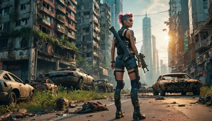 photorealistic image, 8K quality, a post-apocalyptic world, sunset an abandoned city, half-destroyed skyscrapers very overgrown with vegetation, rusted carcasses cars, mutated animals roam the streets, a punk-girl in provocative sexy clothes walks along the road, next to her is a combat robot, (HK series), with a machine gun in his hands, very whole body in the frame, front view