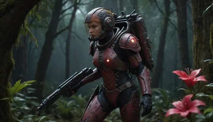 photorealistic image, 8K quality, Deathworld, Deadly Dark Jungle of Pyrrhus, ((many night glow carnivorous flowers, plants with poisonous thorns)), a young woman in an armored spacesuit, with a gun in her hand, walks along a path, a thornwing sits on a tree branch, full body in frame, side view