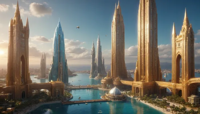 photorealistic image, fullcolor image, full body view, 8K quality, the world of Atlantis, highly developed alternative technologies, futuristic siti, crystal energy-based technologies, many fantastic flying machines, high-rise buildings made of gold and crystal glas