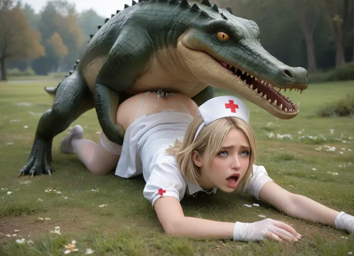 1 girl, european, scandinavian, pretty face, plump lips, sexy makeup, blonde hair, big boobs, nurse, nurse uniform, stockings, dress up, skirt up, translucent stockings, sexy panties, translucent panties, 8k, great lighting, realistic, super real, ass up, anal sex, fucking by a crocodile, zoophilia, outside, on grass, (orgasm, ahe gao, moaning:1.3), full body, cum everywhere