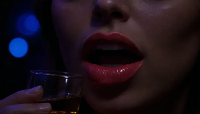 extreme closeup on lips, full pouty lips, glass of whiskey, at the bar, (style), DsktneXL, Fluorescence, Ultraviolet, lighting, Style, style, uv, tanning, bed, Bioluminescence, glowing, neon, dark, black, light, body, paint, <lora:392867_training_data:.8>, <lora:dark:.6>, <lora:uv style v2:.8>, <lora:SDXL_oral_v1-000009:.7>