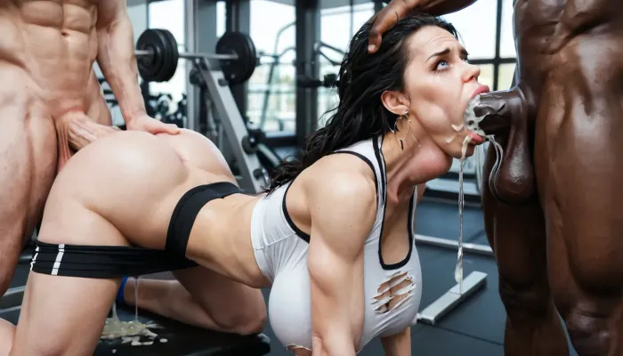 (interracial gangbang:1.4), white woman, busty athletic 40 years old woman, slutty pornstar, black hair, huge round fake tits, hairy pussy, in the gym, (torn training clothes, woman on all fours, spitroast position, white woman gagging while deepthroating a huge black cock, white woman taking a hyper black cock in the ass, white woman taking a hyper black cock in the pussy, interracial double penetration, three huge muscular black men), (black hair 1.4), (cock forced down her throat:1.6), massive throat bulge expansion, extreme throatpie, gagging, gag reflex, squirting, squirting saliva, extreme throat bulge, throatpie, choking on cock, deepthroat blowjob, cum and spit running from lips and down chin, extreme cumshot, defeated sad expression, (cum dripping from nostrils:1.4), throat bulge, bulging throat, swollen esophagus, huge esophagus, gaping throat, throatfuck, throat emphasis, wide shot, full view
