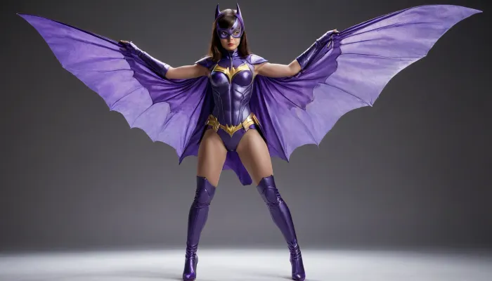 Asian Cyborg Batgirl, blue-grey-purple-cosume-Matalic wings, full body view 21-year-old, petite, big breasts, nude, shaved vagina-facing viewer, clear background.
