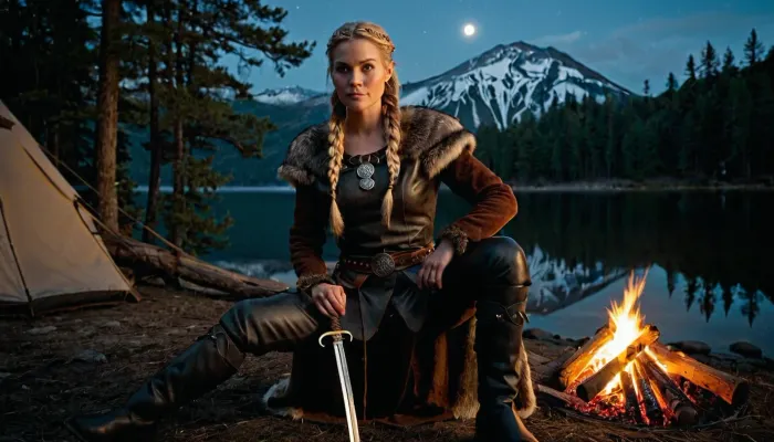 solo, slender, flat chested, female viking warrior, sitting at camp fire, wearing valuable winter costume, leather, fur, metal applications, leather boots, belt, sword, slim hips, slim waist, slim legs, 50 Years old, Scandinavian, Blonde hair, Braided hair, Fluffy hair, Long hair, Dark light skin, Forest, Lake, Mountains, cave, torch, Snow, riverside, Realism, camp fire, full moon, thick fog over lake, dark night, stars, camp, viking tent under trees