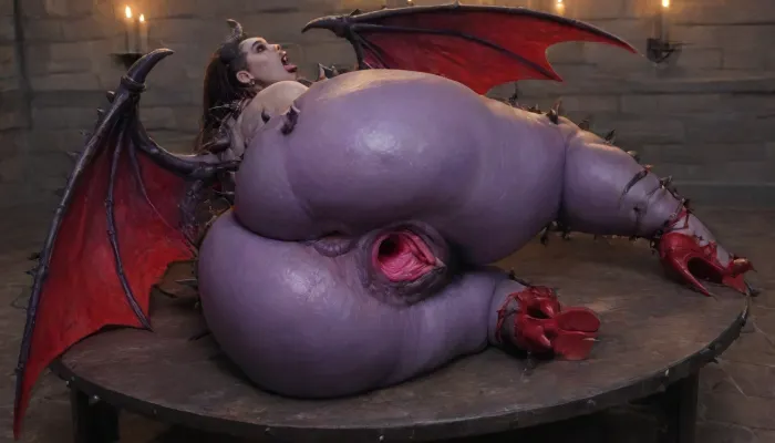 Dark room, magic laboratory, candles, in middle of room, in circle of pentagram, nude with his knees wide apart, beautiful вusty woman orange hair, (massive saggy tits:1.3), red lipstick, black makeup, high heels, super model, milf, sweaty, sad screaming, wet brunette hairy pubic, (hairy pubic:1.5), round ass, full body, she's lying on her side on the table, horny winged demon fucks woman, penetration into the gaping pussy of a massive pimply purple phallus of a demon with red wings, (giant pimpled phallus with spikes:1.5), (massive pimpled phallus 3 inches thick:1.5), (only demon with wings:1.5), monster claws restraining, monster's claws groping, long purple tongue penetration mouth woman, Large penetration, insertion, concept, ultra details, invades womb, lives in pussy, large belly bulge, moves in her belly, forced sex, sex sounds, (moaning:1.8), beautiful face, perfect faces of all models, detailed face, detailed eyes, beautiful eyes, edgOrgasm_fac, edgJBG_woman, edgJBG_face, edgJBG_body, jacket, braided, hair, robot, edgOrgasm, face, focus, woman, with, edgOrgasm_face, <lora:add-detail-xl:.6>, <lora:Bliznyashki:.8>, <lora:edgOrgasm_v2:.5>