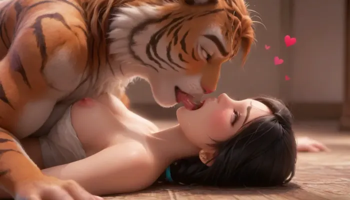 The striped tiger is in a mating press just above Princess Jasmine, (side view, focus on faces), The striped tiger puts its mouth on her mouth and they kiss, Tiger tongue is inside her mouth, Jasmine is mind-broken with her eyes rolled up, ((focus on faces, tiger on top of female)), eyes rolled up, mind-broken, blush, blushing cheeks, (orgasm, moaning, ahe gao:1.5), female head on floor, female facing up, tiger head above female head, D-cup breasts, large breasts, arabian, tiger, striped tiger, hearts, floating hearts, <lora:princess_xl_v2:1>