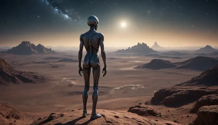 uber realistic image, fullcolor image, full body view, 8K quality, ultra detailed, masterpiece, space, stars, alien world, incredible landscape, whole body in frame, whole body visible, detailed high definition background